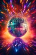 © Margarita Ratatosk - Disco or mirror ball with rainbow on colorful dark background with lights and sparcles. Music and dance party background. Trendy party symbol. Abstract retro 80s and 90s concept