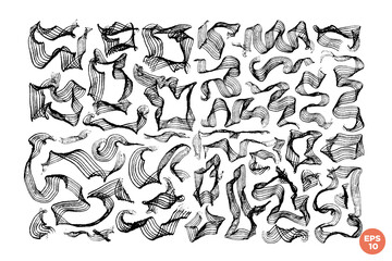 Poster - Bold curved lines and wavy brushstrokes collection. Modern grunge brush lines. Hand drawn squiggles, daubs isolated on white background. Scribble brush strokes vector set. Curly vector shapes.