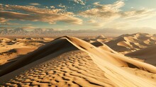 A Panoramic View Of A Desert Landscape With Towering Sand Dunes.