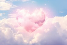 Pink Fluffy Heart Cloud On Blue Sky. Beautiful Romantic Love Background With Copy Space. Valentine Day, Wedding, Mother's Day Concept. Design For Greeting Card, Flyer, Banner, Poster
