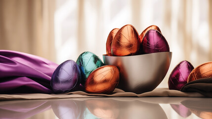 Easter concept with chocolate eggs in shiny paper wrap in a golden bowl, silk and satin tablecloth, reflection on table bright vivid colors, glittering, happy easter celebration idea, tradition, party