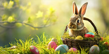 A Rabbit With Long Ears Sits By A Basket Filled With Colorful Eggs In Grass. Web Banner Design