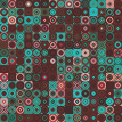 Poster - Dark brown and turquoise green colored circle shapes vintage style seamless pattern background.