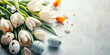 Speckled quail eggs among white and orange tulips on a textured light background. web banner design