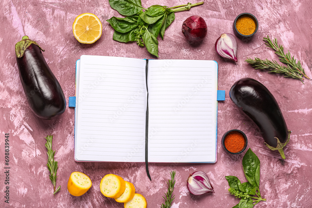 Composition with blank recipe book, fresh vegetables, herbs and spices on color background