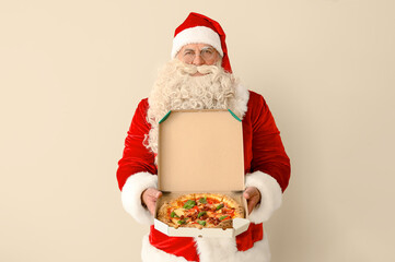 Sticker - Santa Claus with box of tasty pizza on white background