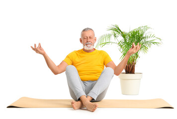 Wall Mural - Sporty mature man with palm meditating on mat against white background