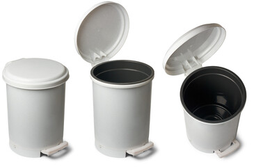 set of pedal bins or pedal trash cans, indoor waste disposal containers that have foot pedal mechanism for hands free operation, used in kitchens, bathrooms or offices, isolated on white background