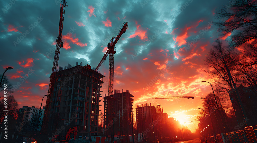 Building Rework Dark Tower cranes at new city building and apartment construction sites ...
