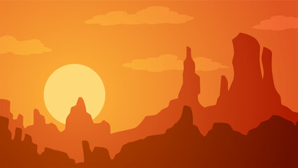 Desert landscape vector illustration. Canyon desert silhouette landscape with sunset sky. Wild west desert landscape for illustration, background or wallpaper. American desert vector illustration