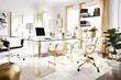 A chic home office with a glass desk, acrylic chair, and pops of gold decor