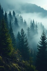 Poster - The land of pine trees, Rain forest, Mist, Autumn fog. Generative AI.