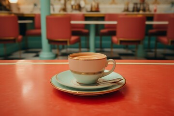 Wall Mural - coffee in a mug with vintage cafe as a background