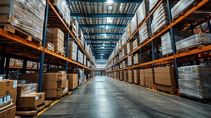 Poster - A warehouse with shelves filled with boxes. Generative AI.