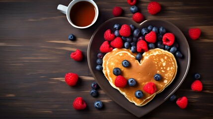 Wall Mural - Berry Love Pancakes - Heart-Shaped Pancakes with Raspberries and Blueberries