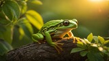 Fototapeta Zwierzęta - the frog is sitting on the branch of a tree and staring