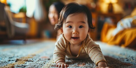 Wall Mural - Asian baby taking first steps walk forward on the soft mat.