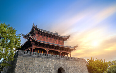 Sticker - Ruins of Chinese-style city towers, Yueyang, China.