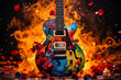 Electric guitar with rainbow paint energetic explosion