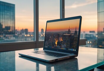 Workplace with notebook laptop Comfortable work table in office windows and city view.