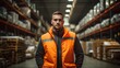 A man clad in an orange vest stands within a warehouse, indicating a presence in an industrial or storage setting.