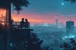 A couple enjoying a quiet moment on a balcony overlooking the city, contemporary digital art with a flat design aesthetic