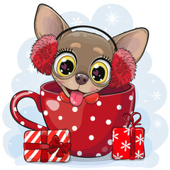 Canvas Print - Cute Cartoon Chihuahua in a fur headphones in a red Cup