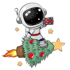 Wall Mural - cartoon astronaut flying on the christmas tree