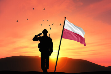 Silhouette of a soldier with the Poland flag stands against the background of a sunset or sunrise. Concept of national holidays. Commemoration Day.