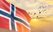 Waving flag of Norway against the background of a sunset or sunrise. Norway flag for Independence Day. The symbol of the state on wavy fabric.