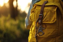 A Yellow Backpack With A Leather Strap And A Metal Buckle.