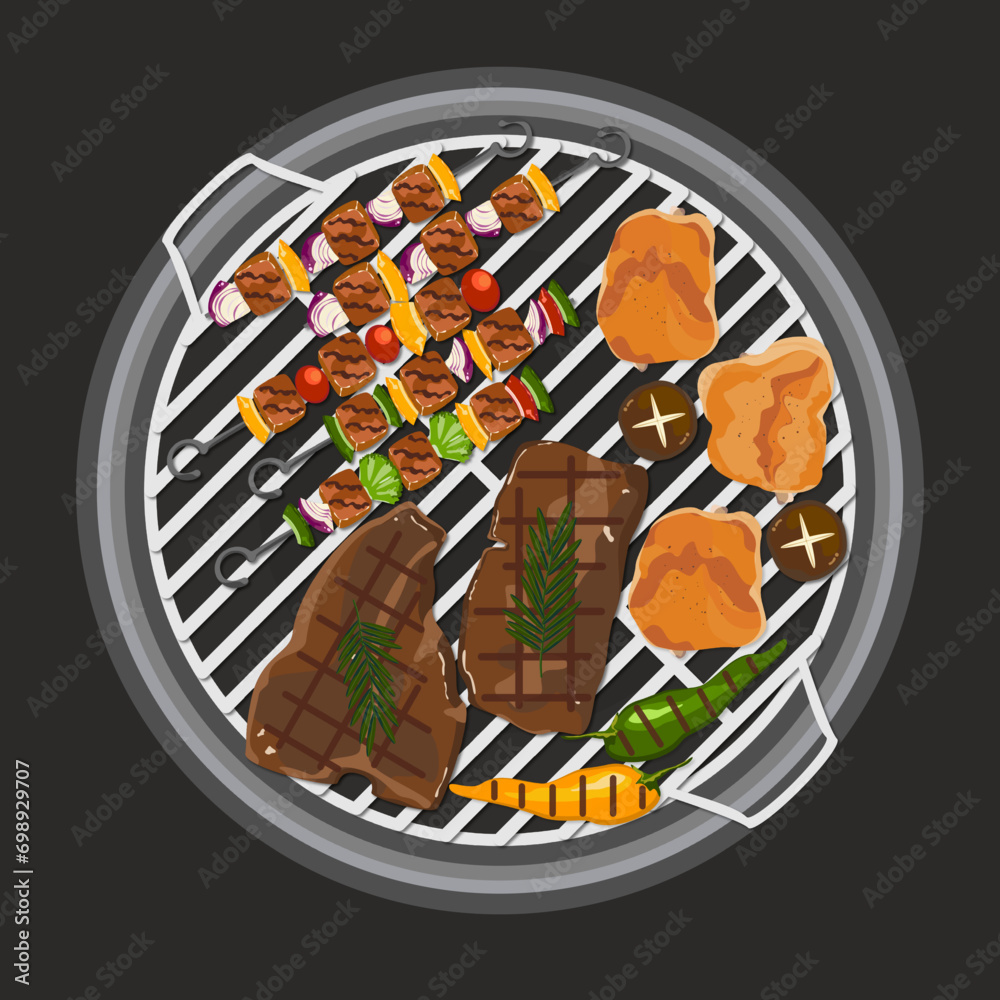 Vector illustration of cooking grilled beef steak Barbecue and ...