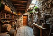 A rustic wine cellar with wooden barrels and stone walls.