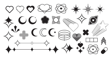 Poster - Retro futuristic black icons set isolated on white background. Vector illustration of y2k old style heart, star, flower, moon, cross shape symbols, vintage social media emoji, simple banner design