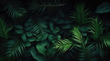 Wall Mural - Dark green large Tropical palm leaves  on dark background. Natural summer background Close up.