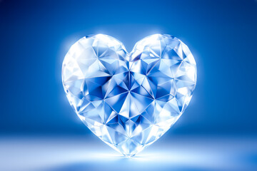 Wall Mural - Radiant, crystal-clear diamond heart shines brilliantly against a soft blue backdrop, reflection of light, embodying purity, luxury, romance, and the enduring symbol of love and affection