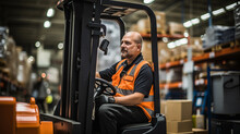 Man Worker At Forklift Driver Happy Working In Industry Factory Logistic Ship. Man Forklift Driver In Warehouse Area. Forklift Driver Sitting In Vehicle In Warehouse