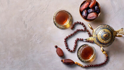 Wall Mural - Ramadan food and drinks concept. Ramadan wood rosary, tea, and dates fruits on light background