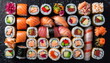 Assorted Sushi and Rolls on Dark Background