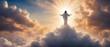 Fototapeta  - The resurrected Jesus Christ ascending to heaven above the bright light sky and clouds and God, Heaven and Second Coming concept