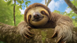 Fototapeta  - Wild sloth hanging on tree with funny face and relaxed look, AI Generative.