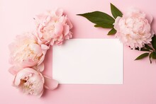 A Greetings Card With Beautiful Pink Flowers Piones On A Pink Background. Valentines Day, Wedding Or Birthday Gift Card Mockup