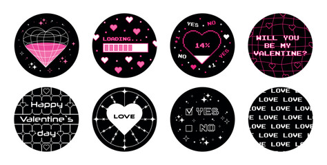 Aufkleber - Big set of round stickers for Valentine's Day in y2k style. Vector design elements for scrapbooking