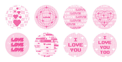 Aufkleber - Big set of round Valentine's Day stickers in 2000s style. Vector design elements for scrapbooking