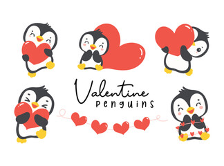 Wall Mural - Set of Cute baby penguins Valentine with heart, romantic animal cartoon drawing illustration.