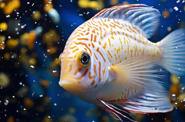 Colourful discus fish in aquarium with coral background, tropical fish. Symphysodon discus from Amazon river