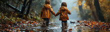 Children Walking Along An Autumn Stream. Illustration On The Theme Of Childhood And Happiness, Fun And Nature, Relaxation And Family. Generative AI	
