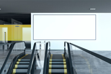 Wall Mural - Modern underground interior with escalator and empty white mock up billboard on wall. 3D Rendering.