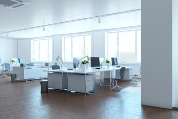 Poster - Modern coworking office interior with window and city view, furniture. 3D Rendering.