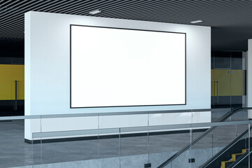 Poster - Modern underground interior with escalator and empty white mock up poster on wall. 3D Rendering.